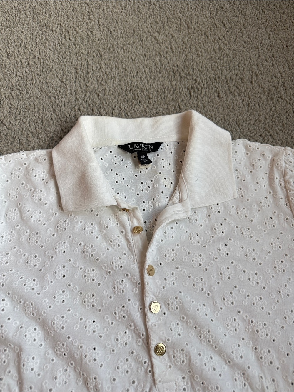 Lauren Ralph Lauren Cream Eyelet Polo with Gold Buttons
